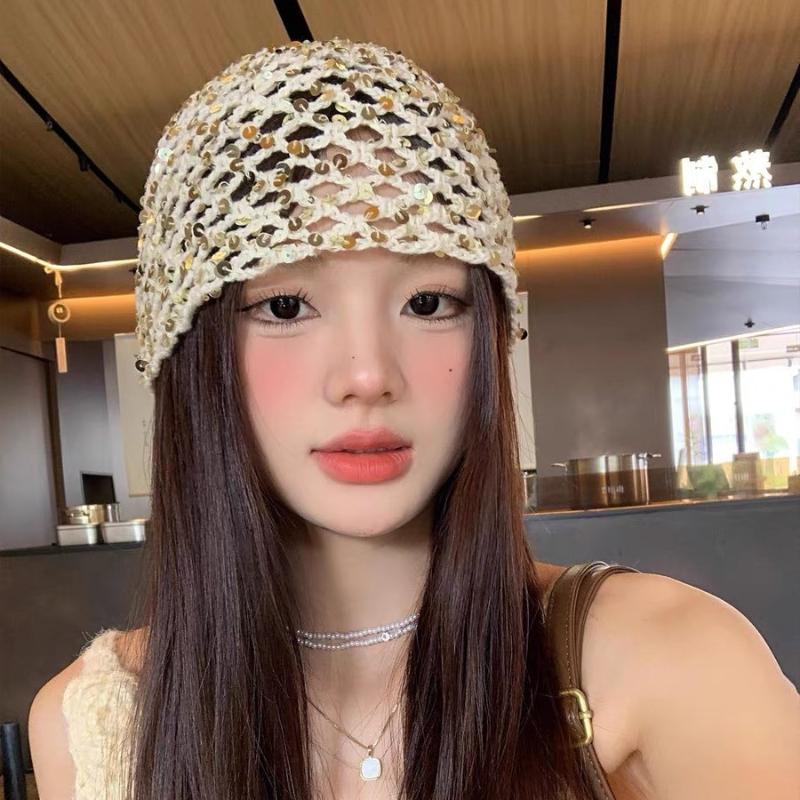 Vintage Sequined Hollow Pullover Hats Women Summer Autumn Travel Photo Atmosphere Versatile Casual Y2K Knit Beanie Hat