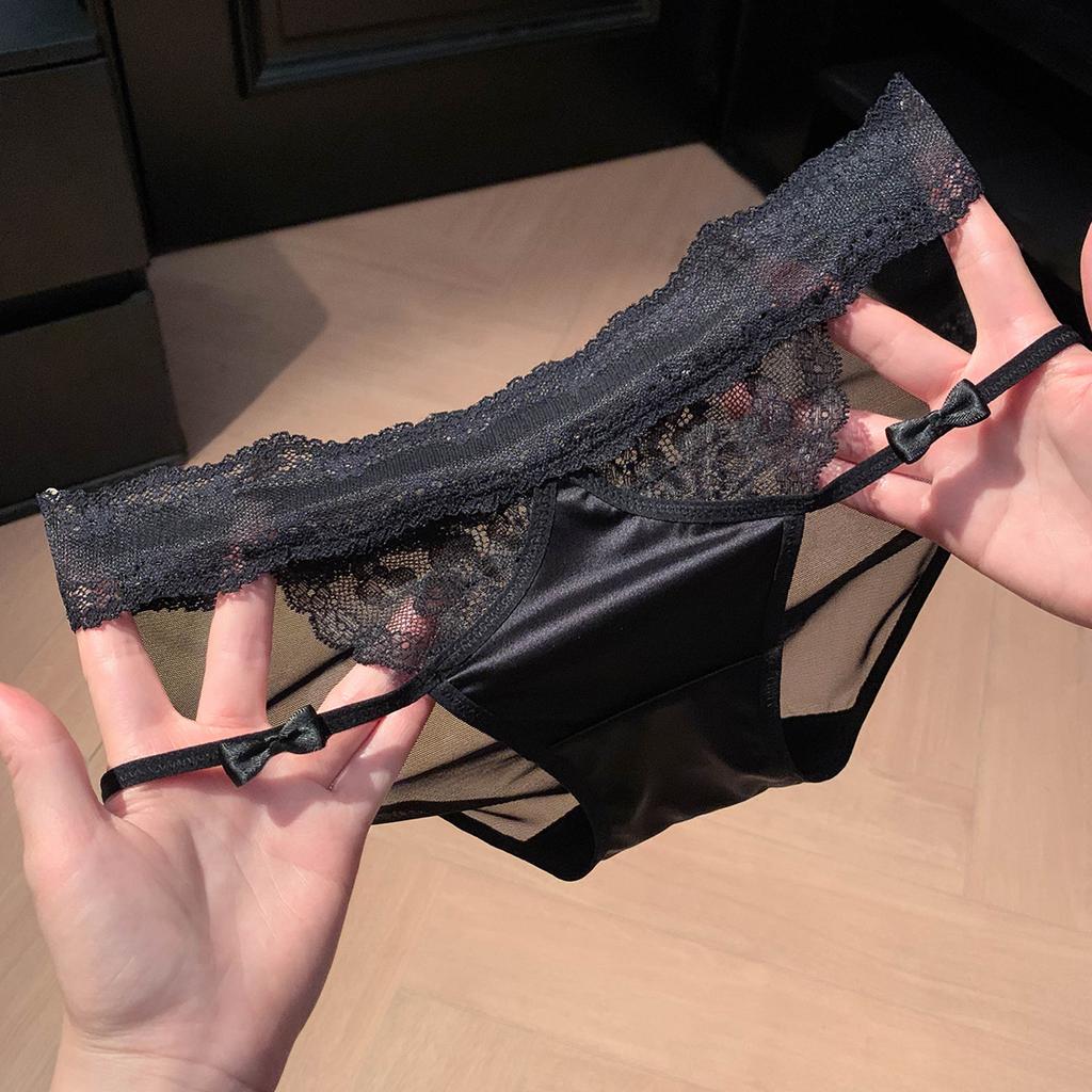 Ladies Summer Sexy Lace Hollow Satin Breathable Cotton Crotch Low Waist Triangle Briefs
