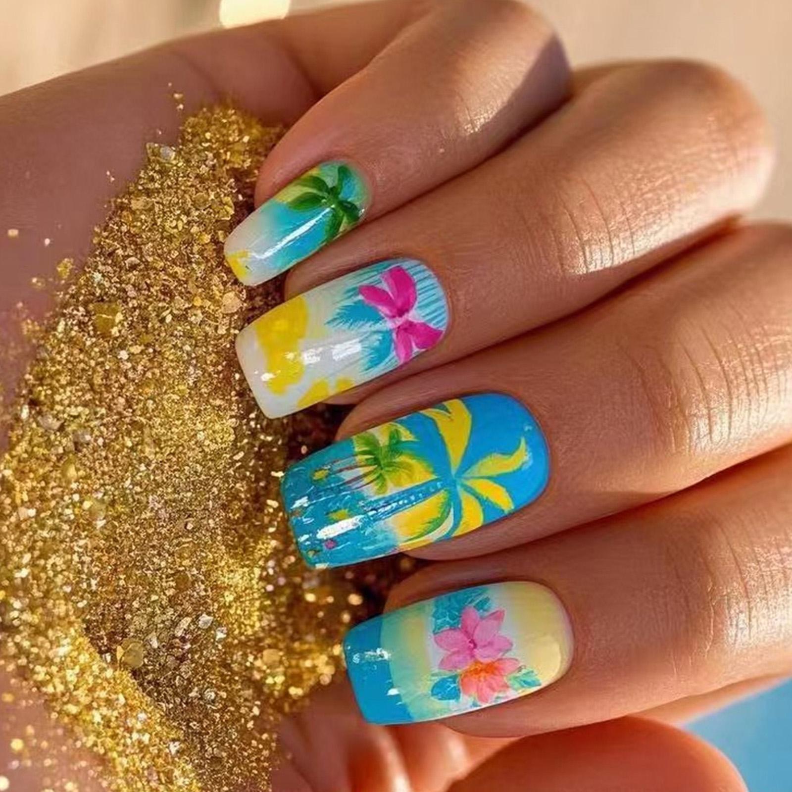 

24 шт. Накладные ногти с кокосовой пальмой, Летние искусственные ногти, Глянцевые, Полное покрытие, Наклейки для ногтей, Средние квадратные накладные ногти