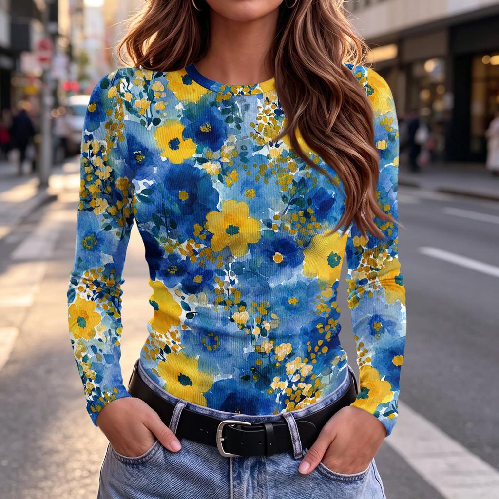 Maglietta da Donna Casual Slim Fit con Stampa Floreale a Manica Lunga e Girocollo per l'Uso Quotidiano