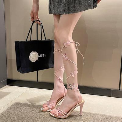 Fairy Wind Pink Bow Heels 2024 Summer Stiletto Plus Size Sandals Female Fashion Sweet Cross Strap