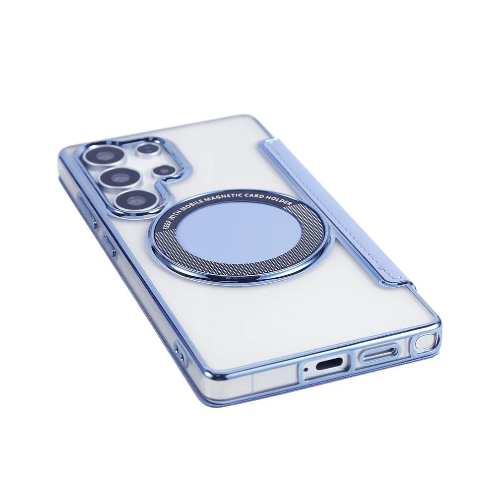 Flip Slot Card Leather Wallet Clear Magnetic Phone Case For Samsung S24 S25 Ultra S22 S23 Plus For Magsafe Wireless Charge Cover