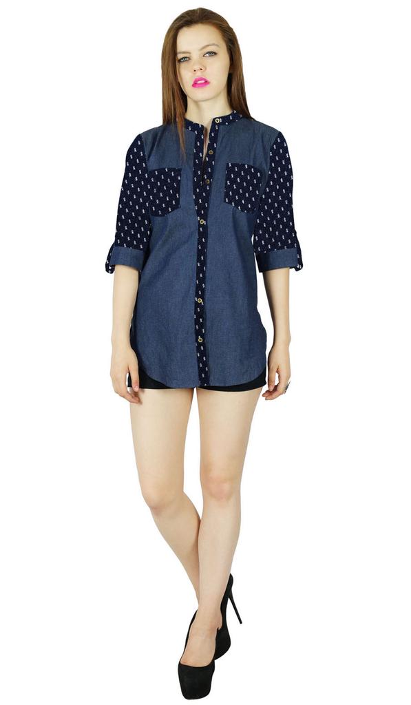 Bimba Women Blue Custom Shirt Casual Denim Top 3 4 Sleeve Formal Button Down