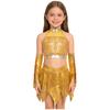 Kids Girls Jazz Dance Performance Outfit Sleeveless Keyhole Back Sparkly Sequins Crop Top with Asymmetric Metallic Skirt and Sequined Tassels Gloves