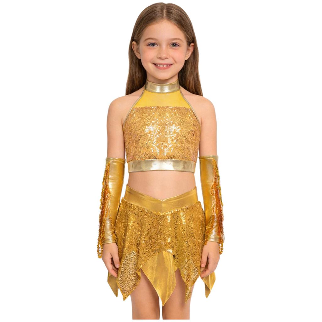Kids Girls Jazz Dance Performance Outfit Sleeveless Keyhole Back Sparkly Sequins Crop Top with Asymmetric Metallic Skirt and Sequined Tassels Gloves