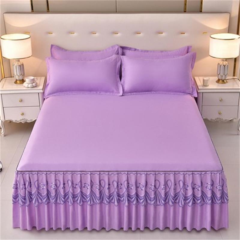 Lace Bed Skirt with Pillowcase Solid Color Bed Cover Skin-friendly Mattress Protector Cover Brushed Bed Linen for Home