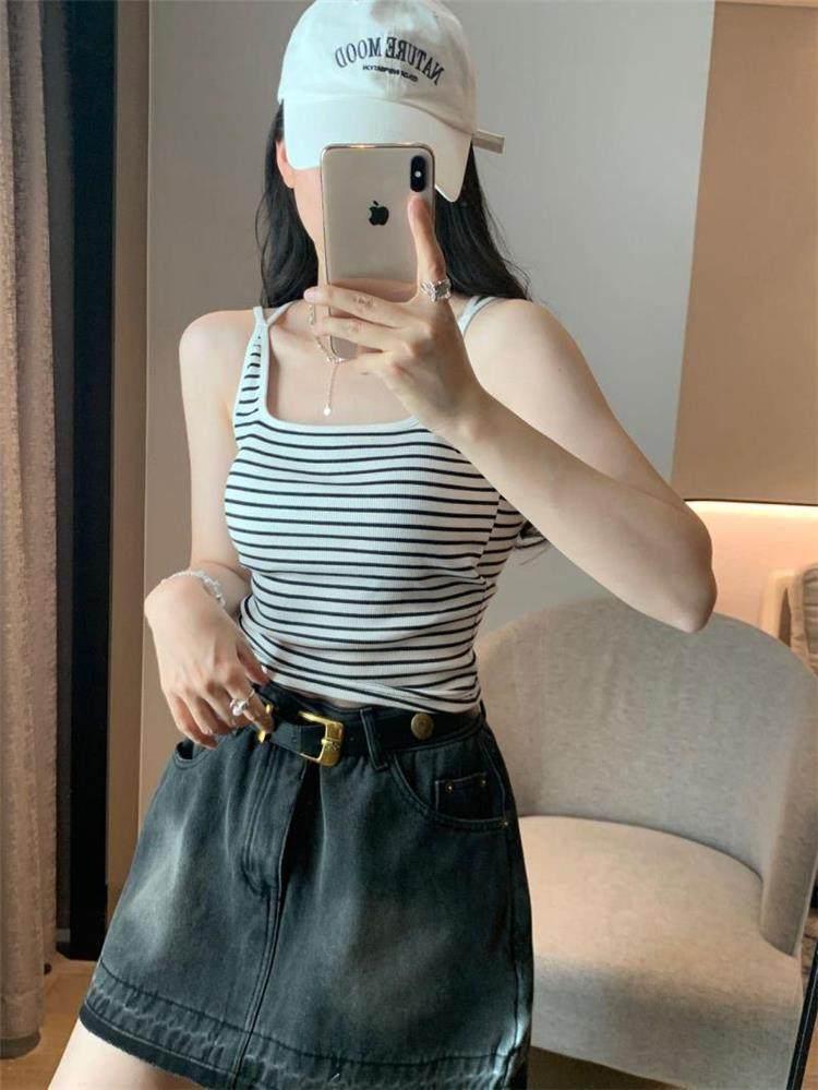 Striped Summer Camisole Vest with Chest Pads – Women's Cross Back Base Layer Outerwear