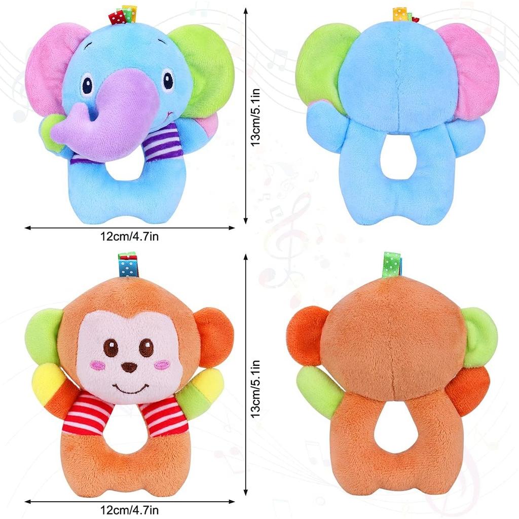 2 Stück Greifling zum Rasseln, Babyrasseln-Spielzeug, Cartoon-Tierrassel, weicher Stoff mit Glöckchen, sensorisches Spielzeug, entwicklungsförderndes Plüschspielzeug für Kinder