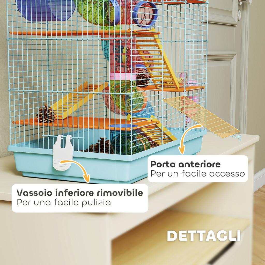 5-Tier Hamster Cage with Colorful Tubes, Wheel, House and Accessories, 47x30x59 cm, Blue