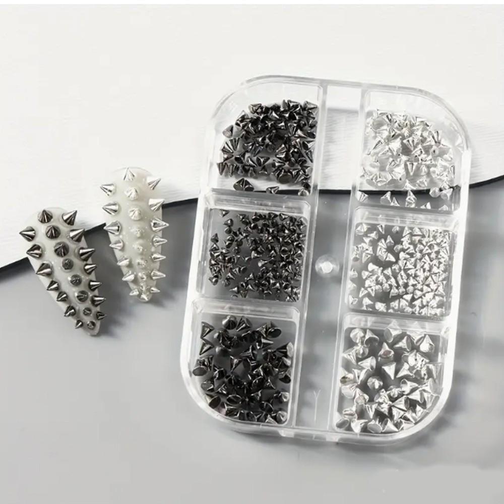 6 Grids Multi-Size Nail Art Studs Black And Silver Tone Cone Spike Nail Jewels  Punk Style Nail Art