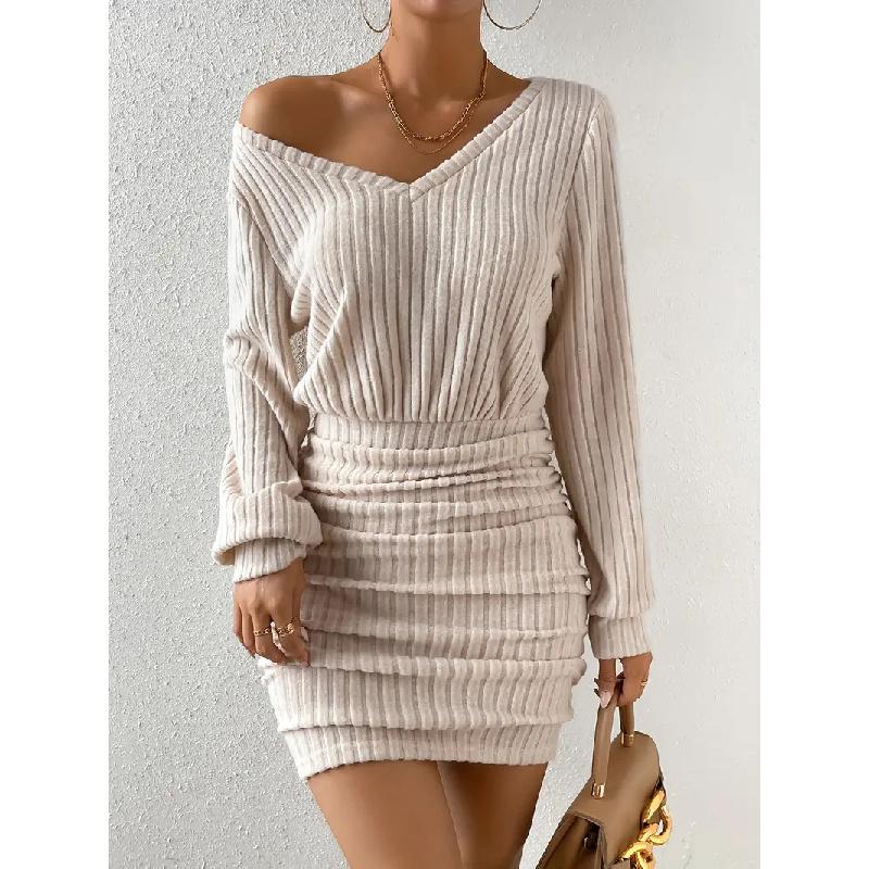 

2026 Fall/Winter New Women s Brushed Ribbed V-Neck Long Sleeve Waist-Cinching Bodycon Dress XL хакі