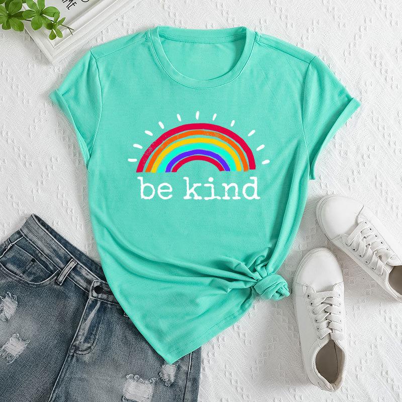 Sommer Damen Regenbogen Buchstaben Print Locker Rundhals Lässig Reine Baumwolle Kurzarm T-Shirts Damen