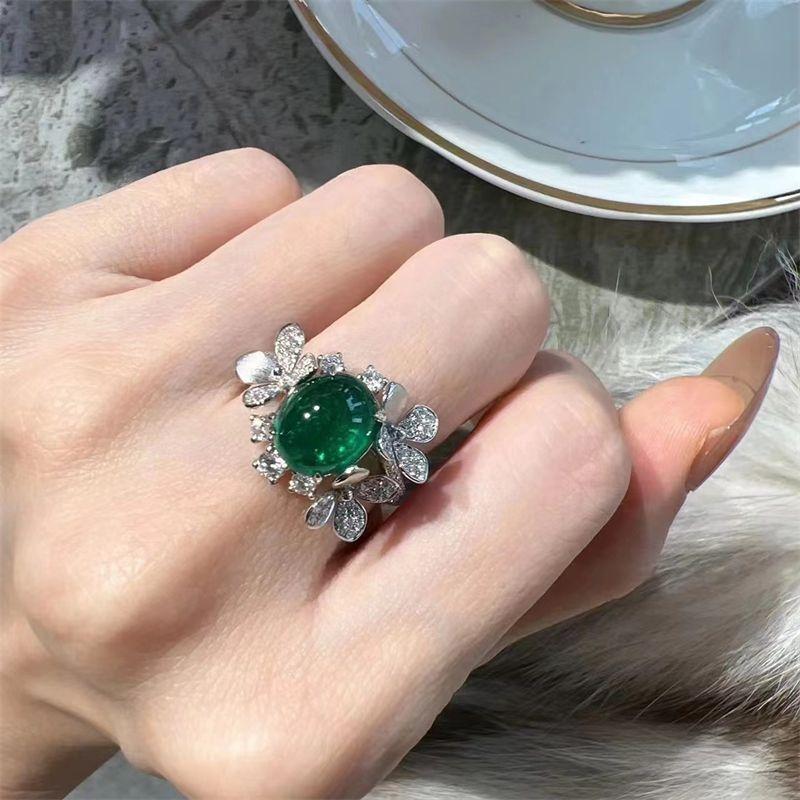 Niche Style Retro Oval Emerald Flower Rhinestone-Embedded Gem Default