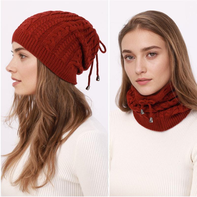 Winter Warm Neck Pulling Rope Double Wearing Knitted Hat For Women