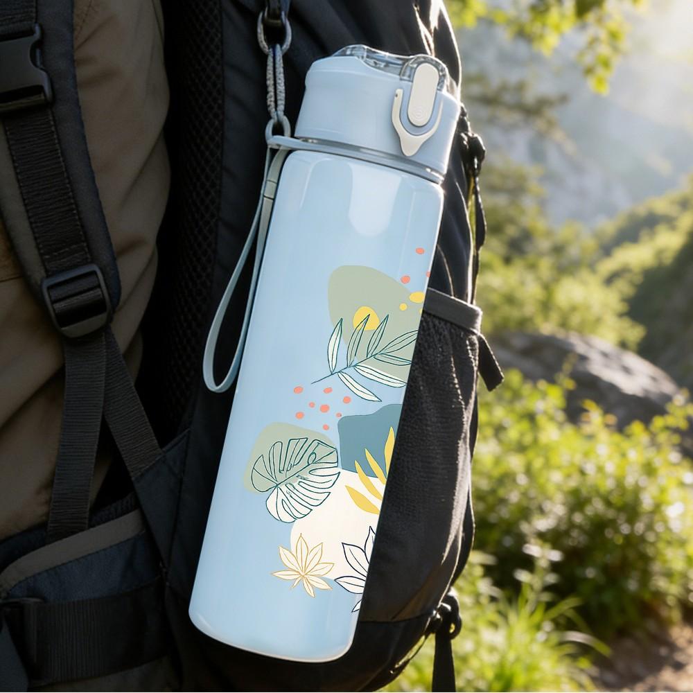 1PC Soft Pastel Leaf Plant Art Print 750ml Color Plastic Sports Water Bottle Leakproof Flip Straw Lid Suitable for Sports Office Home Use
