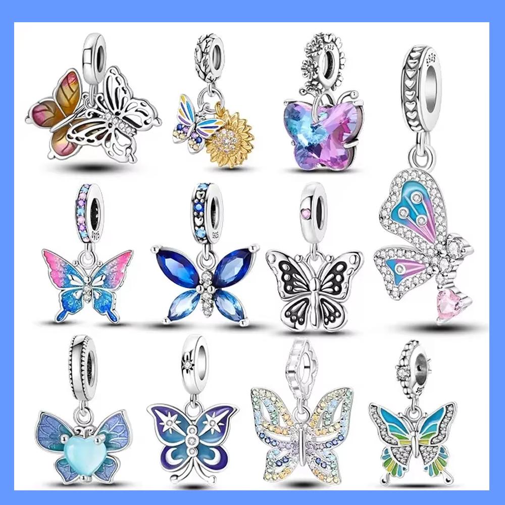 Exquisite Copper Blue Series Butterfly Beads Pendant Fit Bangle Charms Bracelet Diy Women Original Jewelry Gifts