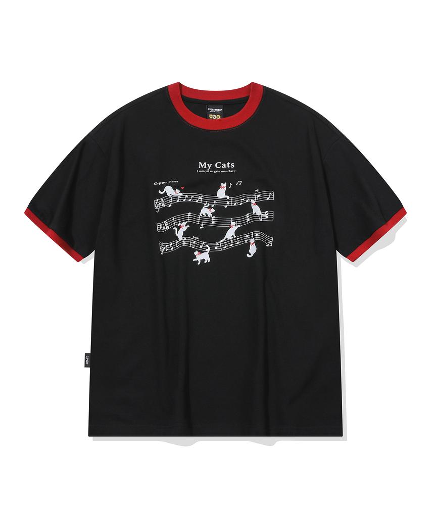 CPGN STUDIO Cats Music Ringer Short Sleeve T-Shirt Black