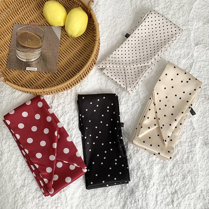 Polka dot silk scarf, long strip, high-end sense, summer retro binding, ribbon, streamer, multi-purpose, small scarf, headscarf, headband, belt.