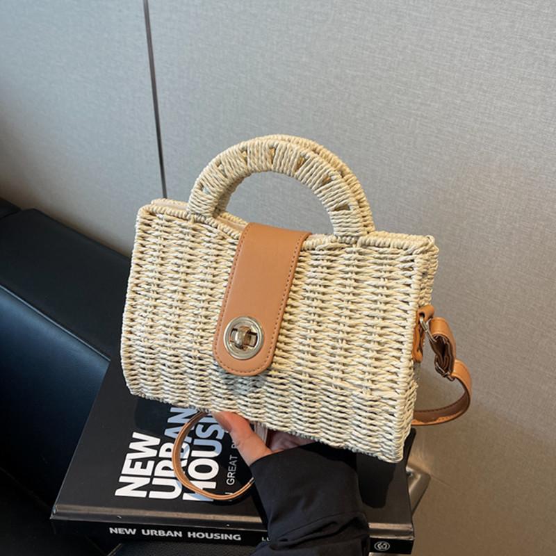 2025 Women Leisure Rattan Tote Box Lady Handbag Trendy Weaving Crossbody Bag Retro Straw Summer Beach Bag Messenger Bag