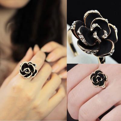 Fashion Black Rose Flower Opening Ring with Imitation Drill for Women