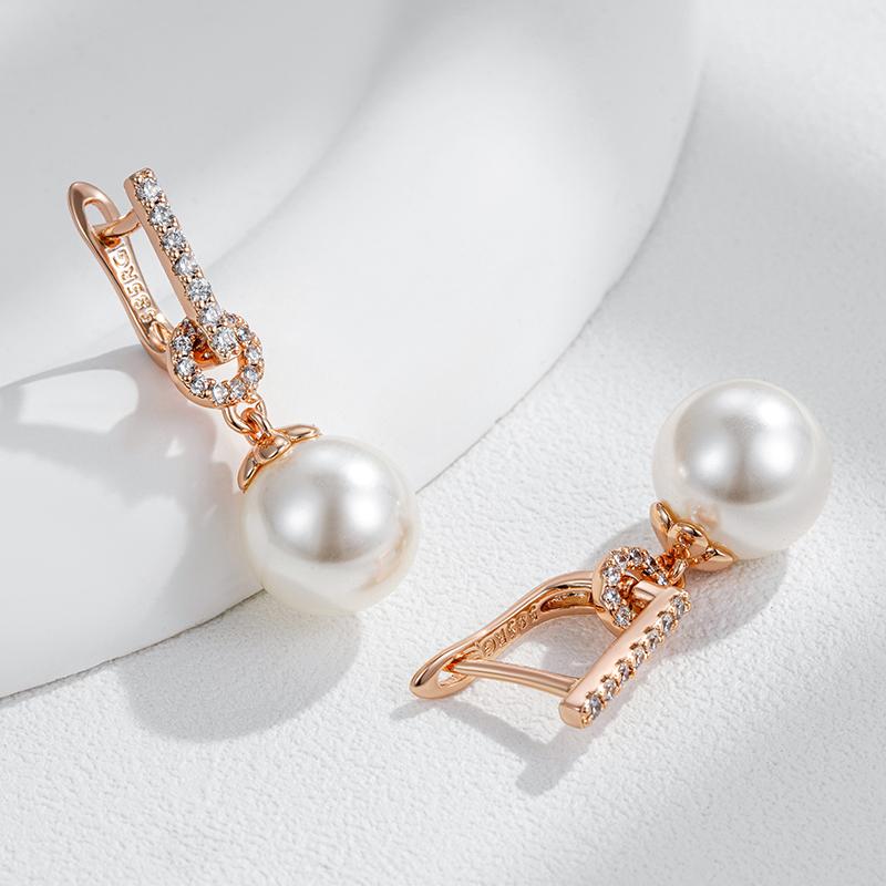 Luxury  Rose Gold Color Pearl Drop Earrings Women Unique Geometric Full Natural Zircon Accessories Daily Jewelry Gift
