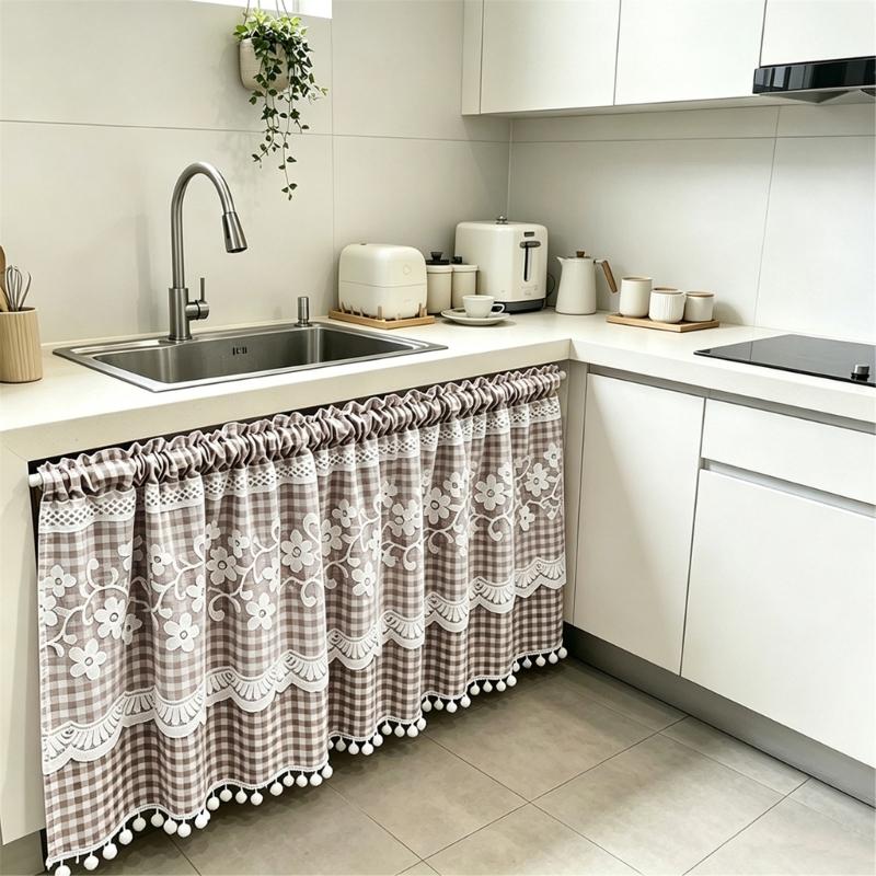 Kitchen Short Curtain Panel with Rod Pocket, Light Filtering Polyester and Gingham Trim for Bath and Cabinet Use