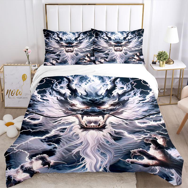 3pcs Electric Storm Dragon Pattern Bedding Three-Piece Set (1 Cover + 2 Pillowcases, No Fillings), This Printed Bedding Set Is