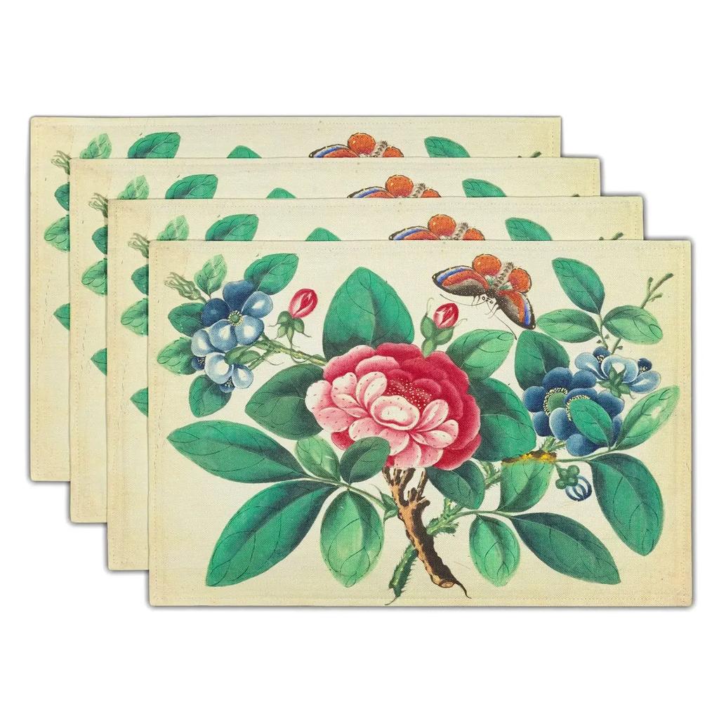 1PC Flowers Butterfly Table Pad Entomology Watercolor Table Mats Rectangle Durable Placemat Heat Insulation Burlap Kitchen Mat