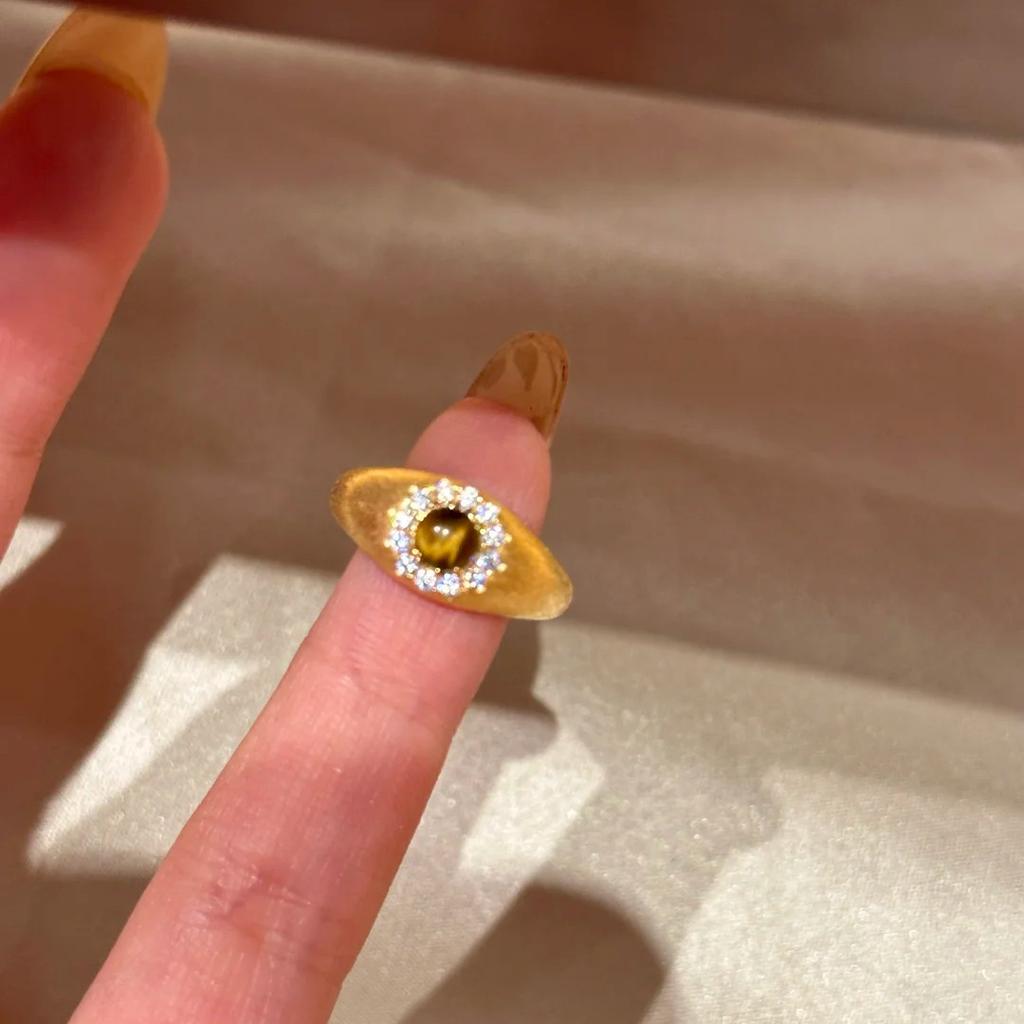 Wosikate Luxury Vintage Hand Brushed Merad Natural Tiger'S Eye Stone Ring For Women Gold Plated Fashion Jewelry Open Finger Ring