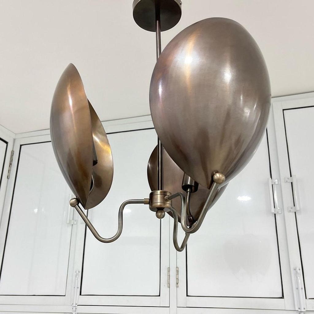 3 Light Curved Shades Modern Pendant Mid Century Antique Patina Chandelier Light Fixture