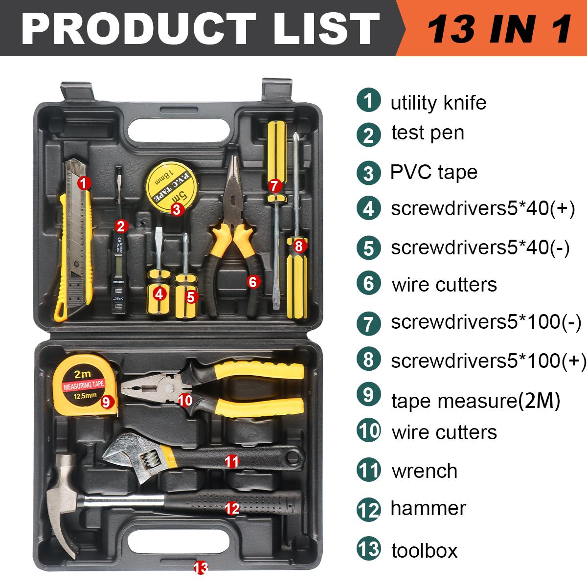 

13Piece Tools Set General House hold Hand Tool Kit with Plastic Toolbox Storage Case Used to Car repair And home Repair