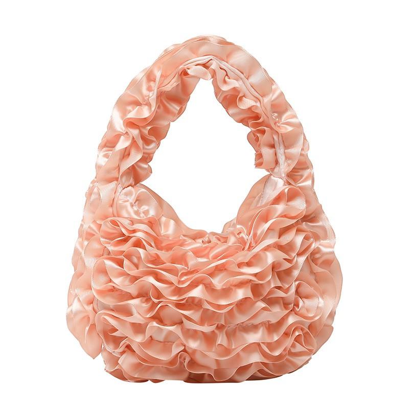 Sweet Feminine Mini Pleated Lace Mesh Handbag With Ruffle Trim - Soft Wristlet Clutch Evening Party Daily Use