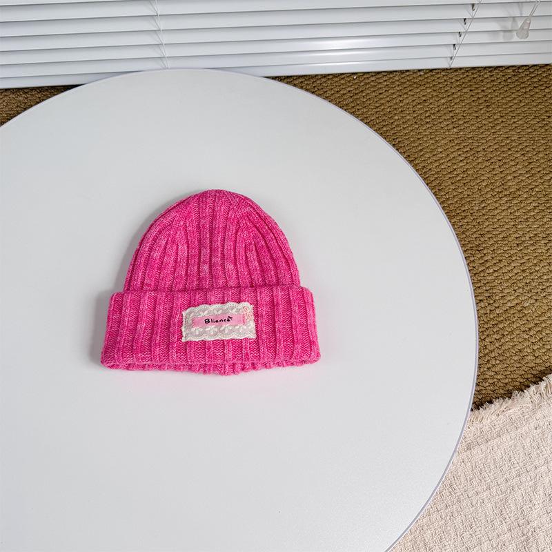 Children's Knitted Hat Lace Cloth Label English Embroidery Wool Beanie Autumn and Winter Warm Thickened Baby Ear Protection Hat