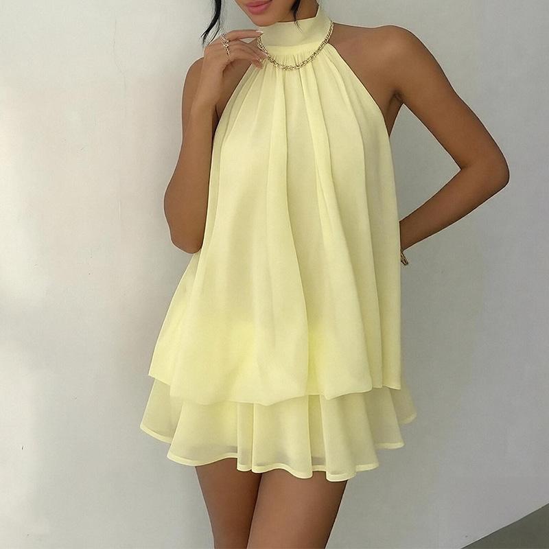 2026 New women s clothing, new spring models, temperament style neck sleeveless backless top short skirt set S жёлтый