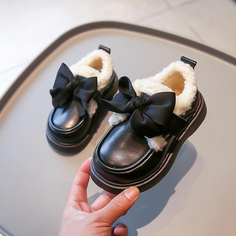Girls Shoes Children Princess Small Leather Shoes 2025 Spring and Autumn New Winter Velvet Little Girl British Style Love Black