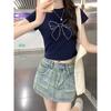 Navy Blue Bow Hot Diamond Round Neck Right Shoulder Short-sleeved T-shirt for Women Summer Petite Slim Fit Bm Short Crop Top