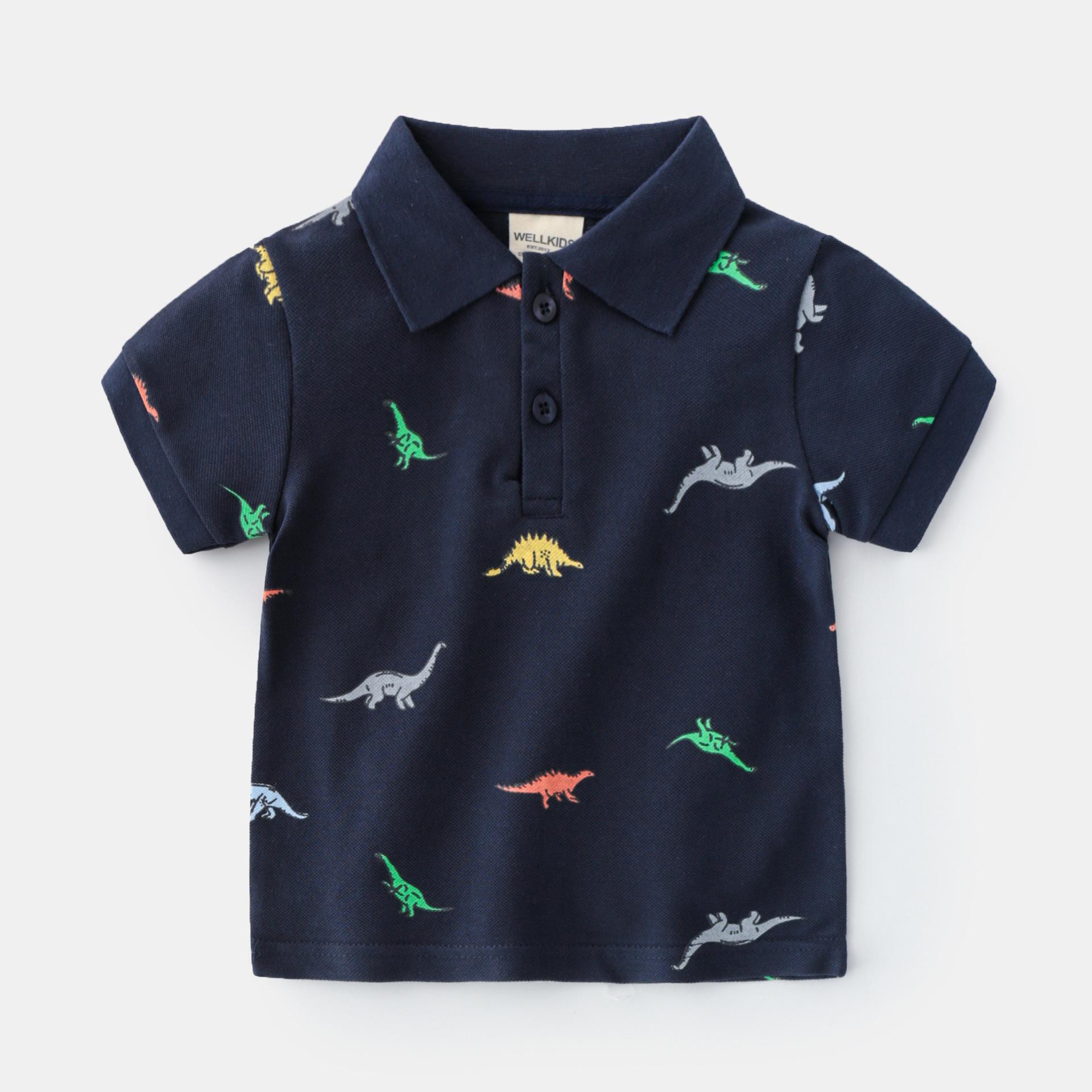 

Children Summer Polo Shirt Boys Cartoon Print Moisture Wicking Cotton T Shirt 130cm темно-синього кольору