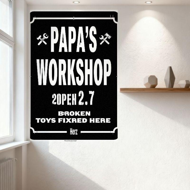 Vintage Papa's Workshop Metal Tin Sign with Wrench & Axe Icons, 'OPEN 2.7' & 'BROKEN TOYS FIXED HERE' Text, Home/Bar Man Cave De
