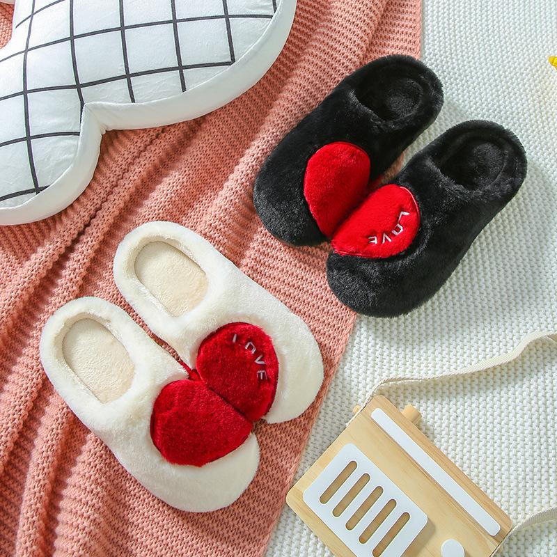Fashion Women House Slippers Female Flock Heart-shaped Warm Plush Flat Slipper Lady Comfortable Indoor Home Cotton Shoe Women's Footwear