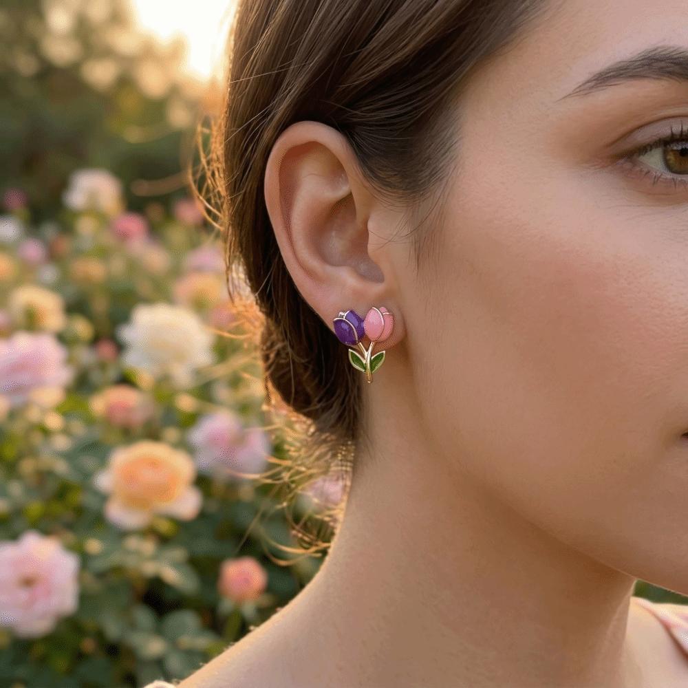 Sweet Tulip Bud Earrings Colorful Stud Earrings Fashion Color-Blocked Earrings Office Wear