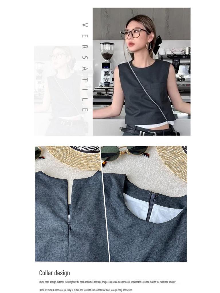 Stylish Raw Edge Patch Pocket Sleeveless Two-Piece Vest