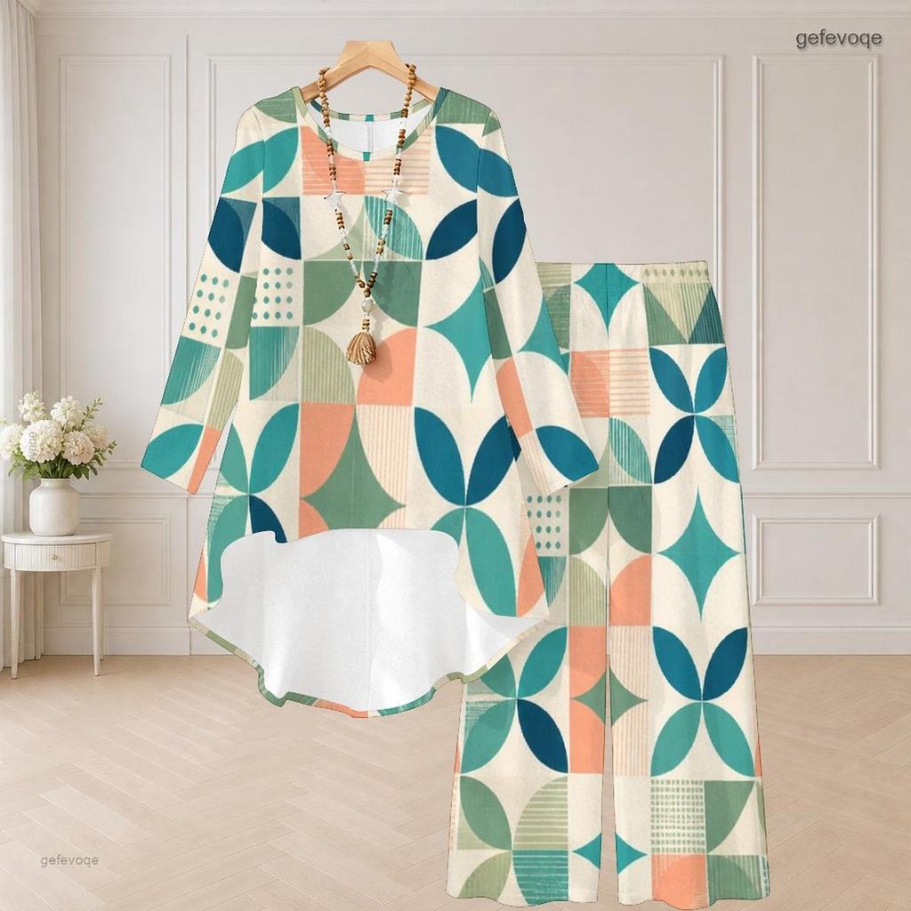 Women Plus Size Beige Brown Printed Round Neck Long Sleeve High Low Top Wide Leg Pants Two Piece Set