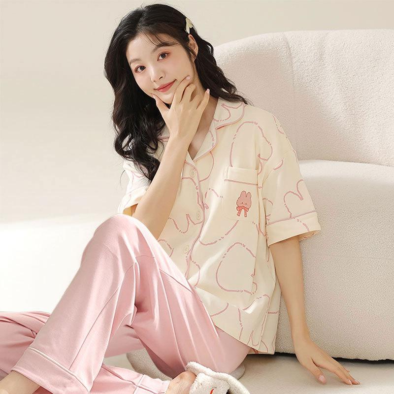 Sweet and Cute Pajamas Women's Summer Short-sleeved Trousers Girls Loungewear Suit