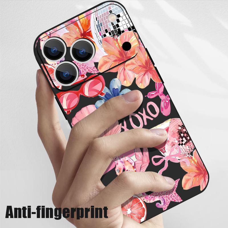 For iPhone 17 Pro Max Case Pink Cartoon Floral Pattern Soft Silicone Lanyard Cover For iPhone 16 Pro Max Cover iPhone 15 14 13 12 11 16E Air