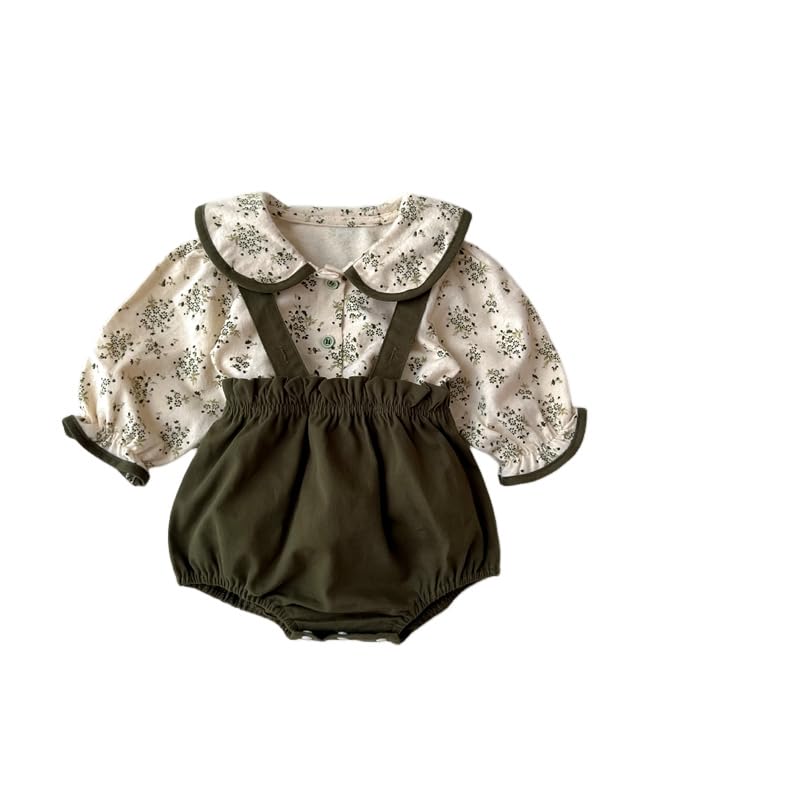 Baby Flowery Blouse and Dungarees Size 70 [Chic Kids] Two-piece Set, Green,