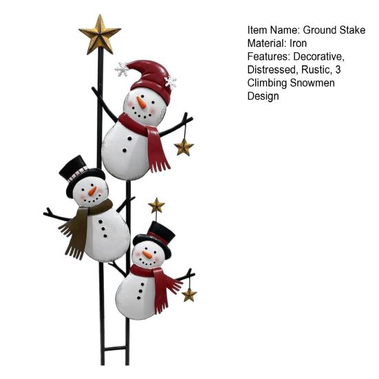 Rustic Snowman Yard Stake Vintage Metal Christmas Ground Stake, Distressed Sculpture with Three Climbing Snowmen Garden Sign for Outdoor Holiday