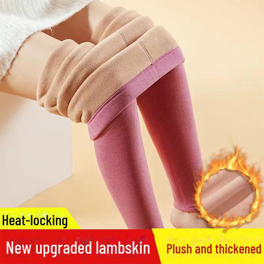 Women's Camel Wool High-Waist Leggings - Warm Lambskin, Plus Velvet, Thickened, Large Sizes for Autumn/Winter.