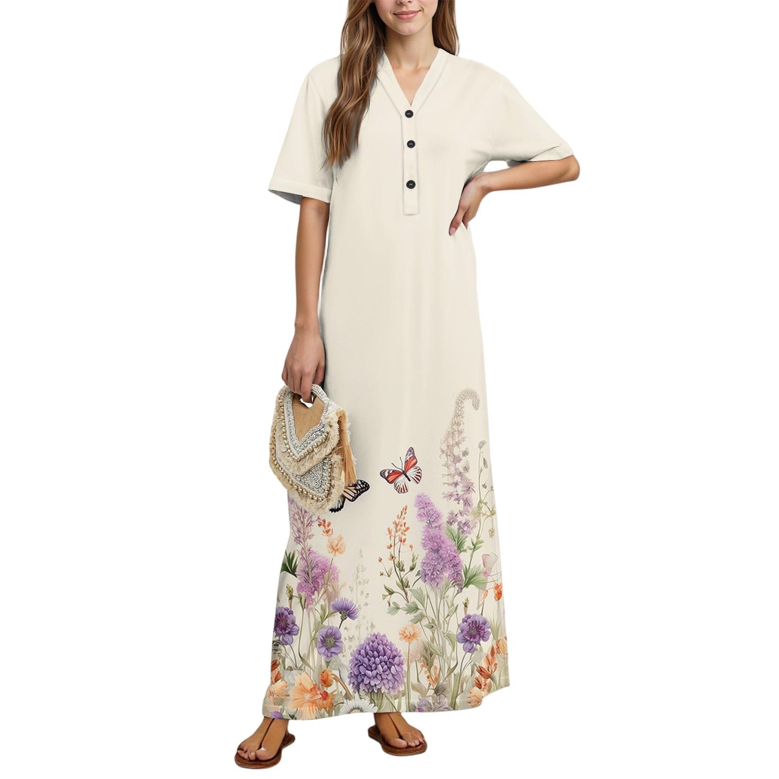 

Женская мода Принтованная ночная сорочка Домашняя одежда Ночная сорочка с коротким рукавом с карманами Длинное платье XL бежевый