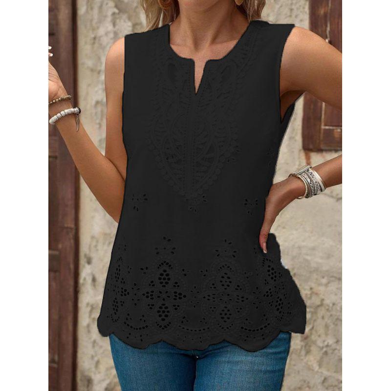 

V-neck Vest Top European and American Women New Embroidery Patchwork Lace V-neck Sleeveless Vest Top Black XXL