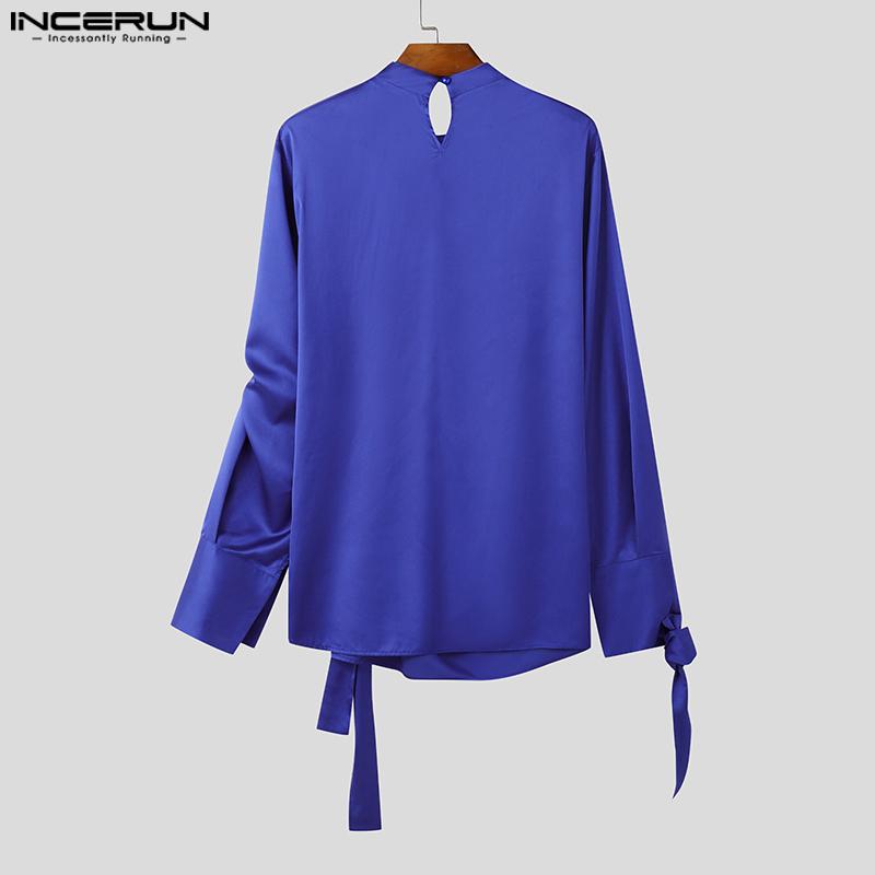 INCERUN Men Long Sleeve Cutout Satin Shirts Casual Solid Color Tops